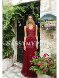 Tulle A Line Sheer Burgundy V Neck Lace Prom Dress