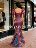 Puffy Sleeve Square Trumpet Mermaid 2 Color Organza Prom Dress