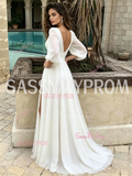 Chiffon Deep V Neck A Line Long Sleeve Wedding Dress With Slit