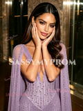 Trumpet Mermaid Tulle Cape V Neck Beading Prom Dress