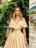 Champagne Off The Shoulder A Line Flowers Prom Dress
