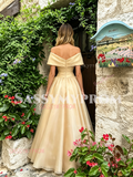 Champagne Off The Shoulder A Line Flowers Prom Dress