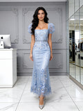 Short Sleeve Appliques Tulle Sheath Column Light Blue Prom Dress