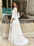 Chiffon Deep V Neck A Line Long Sleeve Wedding Dress With Slit