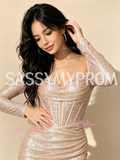 Elegant Champagne Long Sleeve Column Sheath Homecoming Dress