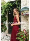 A Line Stars Print Tulle Red Straps Velvet Prom Dress