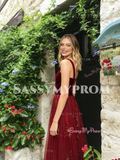 A Line Stars Print Tulle Red Straps Velvet Prom Dress