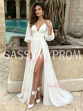 Chiffon Deep V Neck A Line Long Sleeve Wedding Dress With Slit