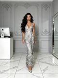 Sheath Column Silver Feather V Neck Ankle Length Prom Dress