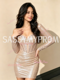 Elegant Champagne Long Sleeve Column Sheath Homecoming Dress