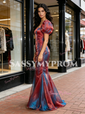Puffy Sleeve Square Trumpet Mermaid 2 Color Organza Prom Dress