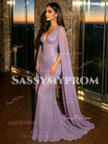 Trumpet Mermaid Tulle Cape V Neck Beading Prom Dress