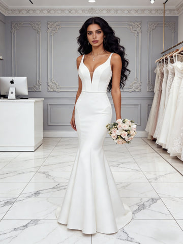 Trumpet Mermaid Satin White V Neck Sheer Wedding Dress