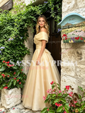 Champagne Off The Shoulder A Line Flowers Prom Dress