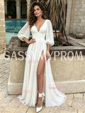 Chiffon Deep V Neck A Line Long Sleeve Wedding Dress With Slit