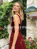 A Line Stars Print Tulle Red Straps Velvet Prom Dress