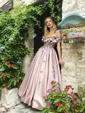 Off The Shoulder Flowers Satin A Line Prom Dress