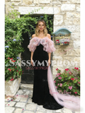 Off The Shoulder Trumpet Mermaid Ruffles Tulle Velvet Prom Dress