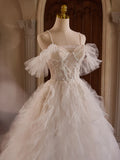 Voluminous Straps White Appliques Tulle Wedding Dress