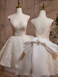 V Neck Lace Ivory Beading Homecoming Dress With Bowknot