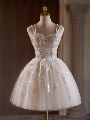 A-Line Sweetheart Appliques Tulle White Homecoming Dress