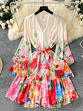 Vibrant Floral Patterns Bow Tie Waist Long-Sleeve Mini Dress