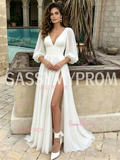 Chiffon Deep V Neck A Line Long Sleeve Wedding Dress With Slit
