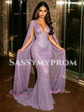 Trumpet Mermaid Tulle Cape V Neck Beading Prom Dress