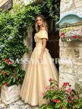 Champagne Off The Shoulder A Line Flowers Prom Dress
