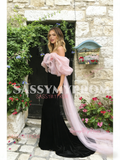 Off The Shoulder Trumpet Mermaid Ruffles Tulle Velvet Prom Dress