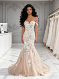 Champagne Tulle Off The Shoulder Trumpet Mermaid Lace Wedding Dress