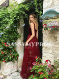 A Line Stars Print Tulle Red Straps Velvet Prom Dress