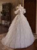 Voluminous Straps White Appliques Tulle Wedding Dress