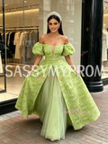 Tulle Puffy Sleeve Rose A Line Sheer Green Prom Dress