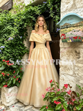 Champagne Off The Shoulder A Line Flowers Prom Dress