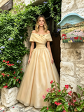 Champagne Off The Shoulder A Line Flowers Prom Dress