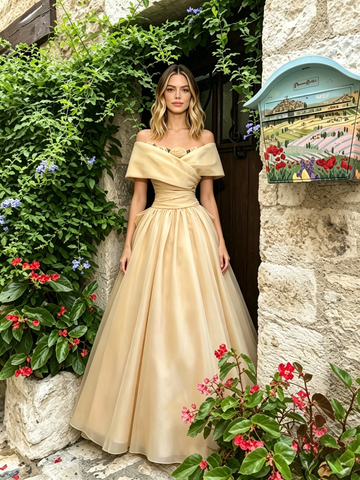 Champagne Off The Shoulder A Line Flowers Prom Dress