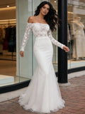 Long Sleeve Lace Trumpet Mermaid Off The Shoulder Tulle Wedding Dress