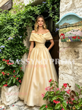 Champagne Off The Shoulder A Line Flowers Prom Dress