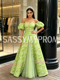 Tulle Puffy Sleeve Rose A Line Sheer Green Prom Dress