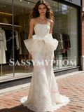 Strapless Ruched Trumpet Mermaid Bow Lace Wedding Dress