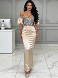 Lace Sheath Column Satin Puffy Sleeve Champagne Floral Prom Dress
