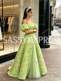 Tulle Puffy Sleeve Rose A Line Sheer Green Prom Dress