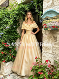 Champagne Off The Shoulder A Line Flowers Prom Dress