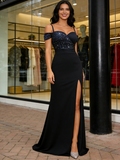 Navy Blue A Line Beading Chiffon Prom Dress With Slit