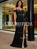 Navy Blue A Line Beading Chiffon Prom Dress With Slit