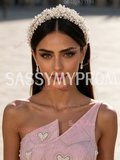 A Line Heart Pearls Pink One Shoulder Prom Dress