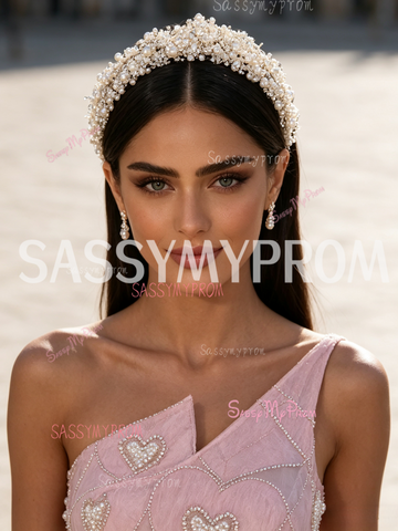 A Line Heart Pearls Pink One Shoulder Prom Dress