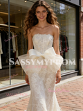 Strapless Ruched Trumpet Mermaid Bow Lace Wedding Dress