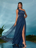 Navy Tulle A Line One Shoulder Prom Dress With Slit